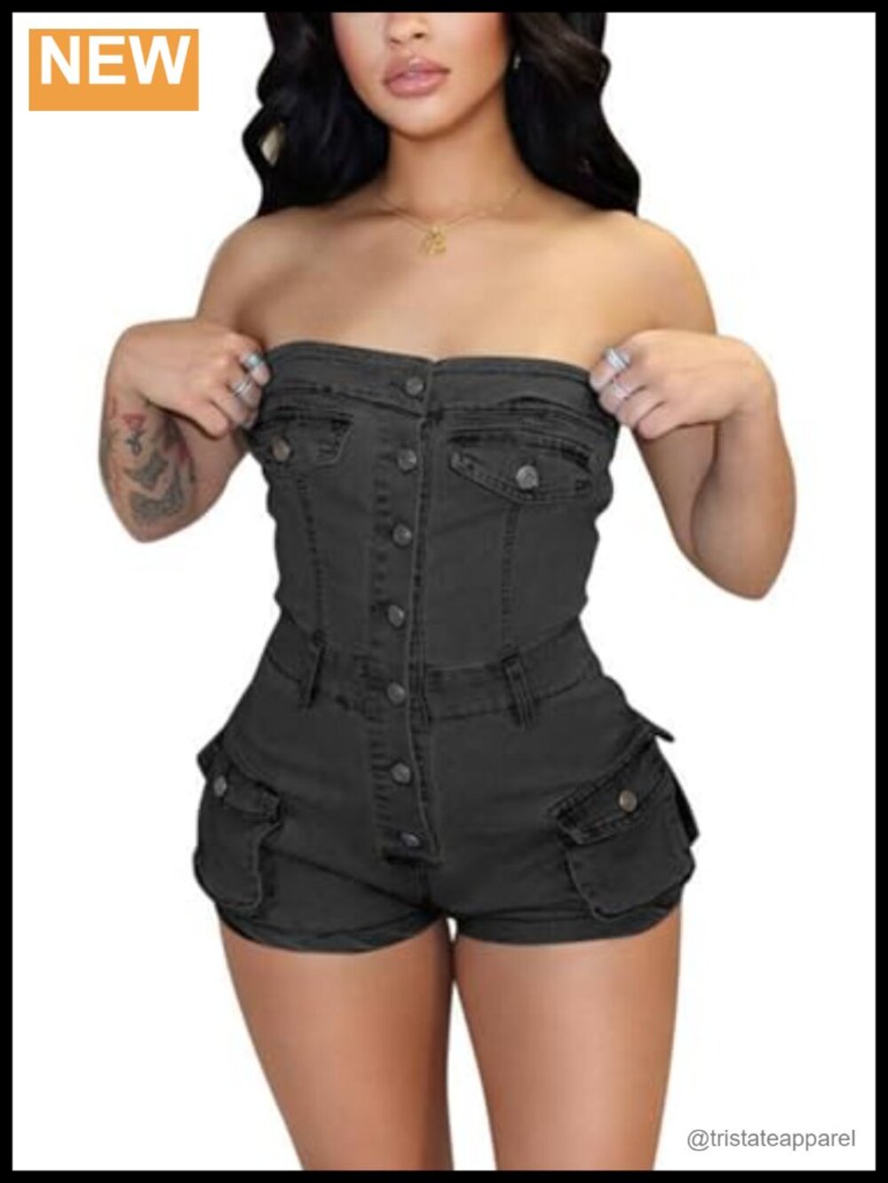 Women's Strapless Denim Romper Cargo Jean Shorts Jumpsuit